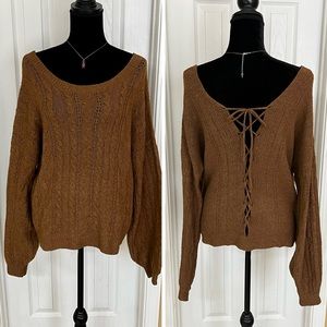 Sexy caramel colored lace up back sweater